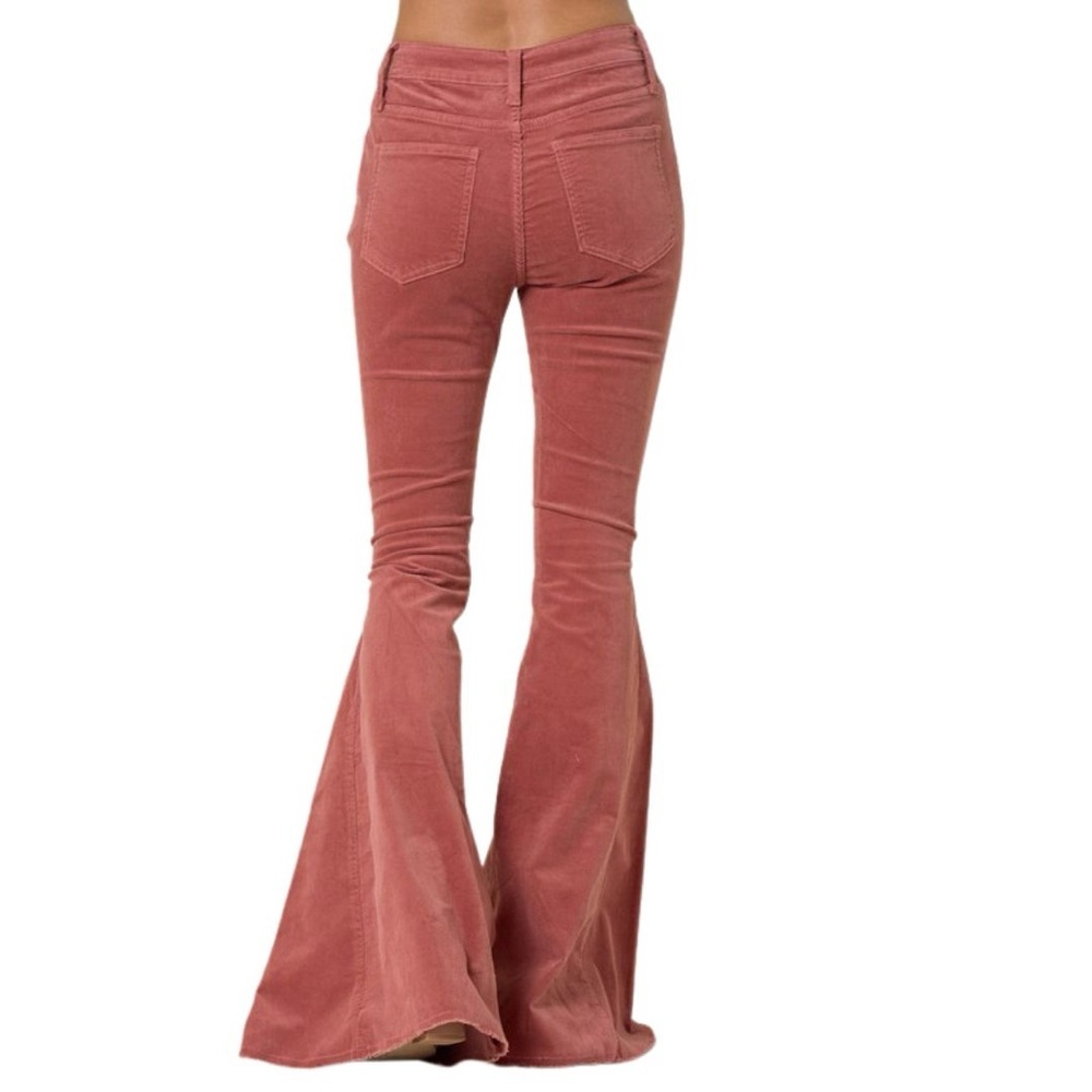 Boho Lightweight Corduroy Bell Bottom Pants High-Waisted Retro Mauve - Picture 5 of 5